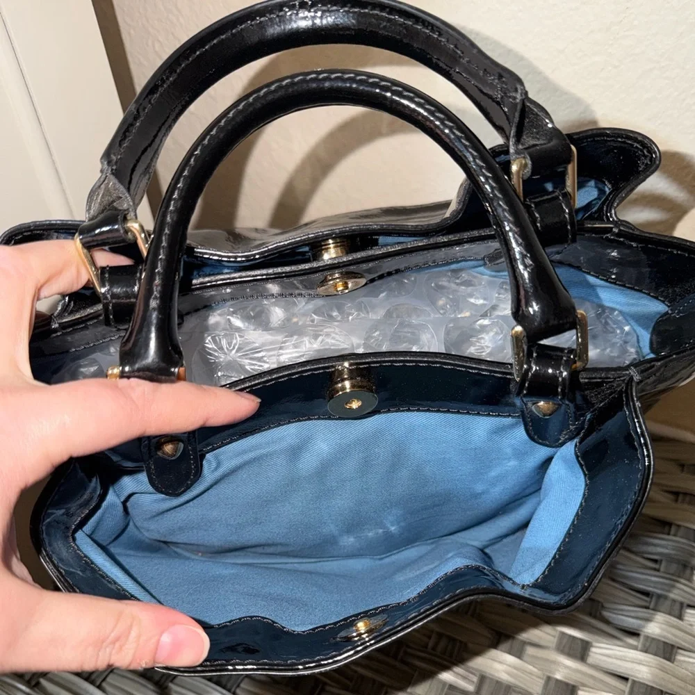 Dooney & Bourke Black Patent Leather Shoulder/Crossbody Satchel with Blue Lining - Picture 3 of 16
